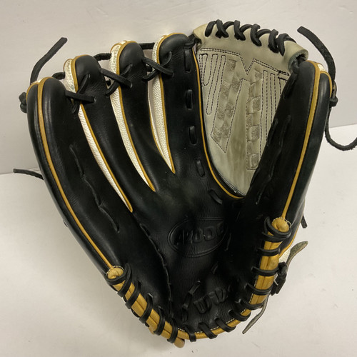 Vist Large View of Product Image Which is Used Wilson A2000 V125 LH Throw Fastpitch Gloves Black And Gold 12 1/2"