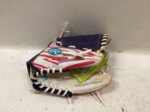Vist Large View of Product Image Which is Used Rawlings ST10PP RH Throw Fastpitch Gloves White And Purple 10"