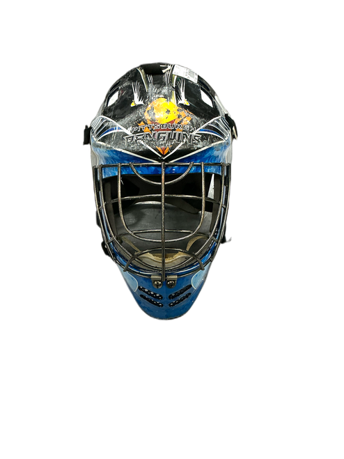Vist Large View of Product Image Which is Used Franklin PENGUINS MASK St Hcky Goalie Helmet Yth White/Black/Yellow SM