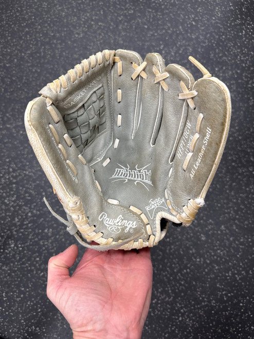 Vist Large View of Product Image Which is Used Rawlings HFP110GW RH Throw Fastpitch Gloves Grey 11"