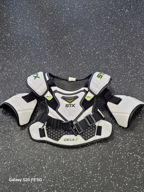 Vist Large View of Product Image Which is Used STX CELL V Lacrosse Shoulder Pads White MD