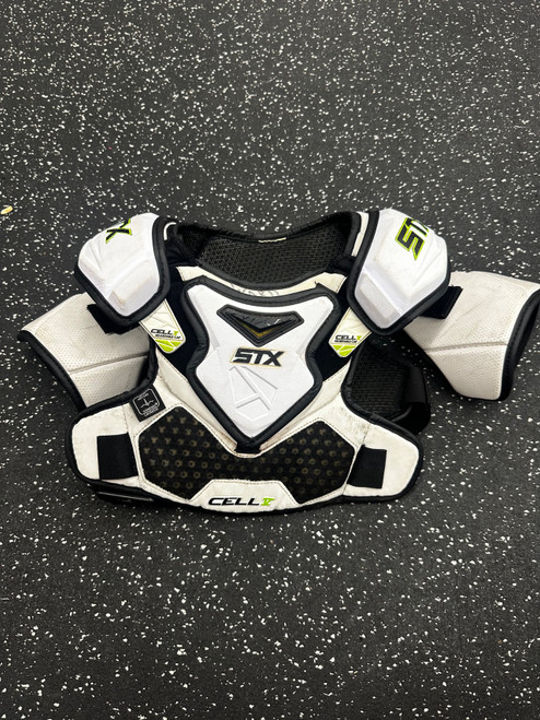 Vist Large View of Product Image Which is Used STX CELL 5 Lacrosse Shoulder Pads White SM