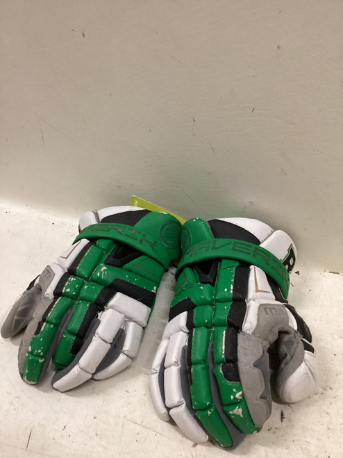 Vist Large View of Product Image Which is Used Maverik M6 Lacrosse Gloves Junior Green And White 12"