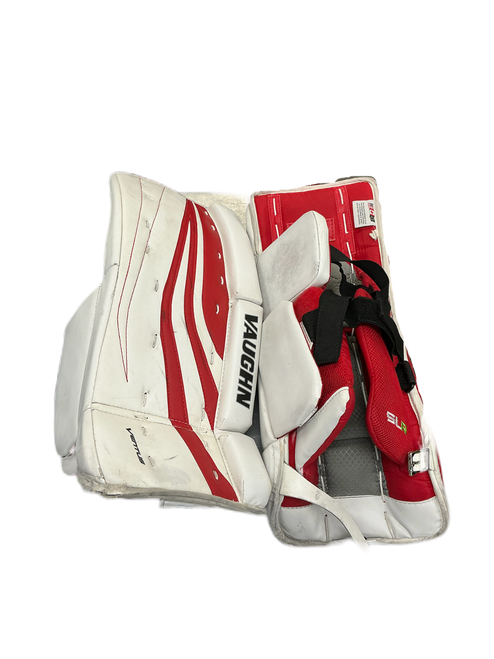 Vist Large View of Product Image Which is Used Vaughn VENTUS SLR YTH PADS Goalie Leg Pads Junior White And Red 22"