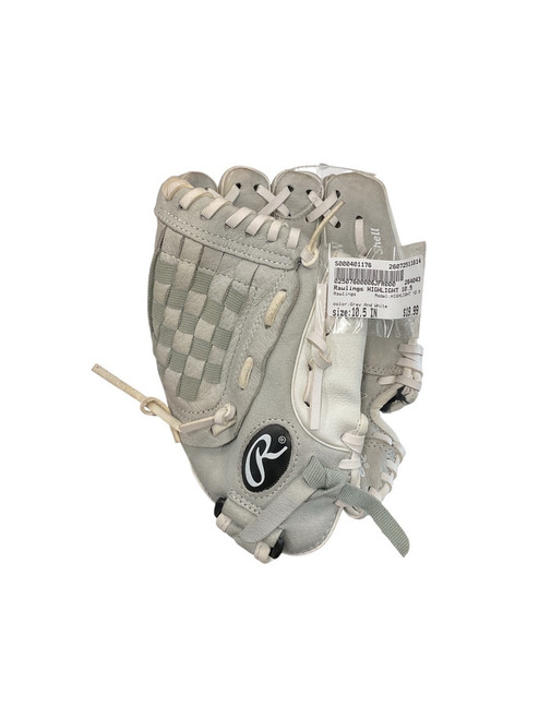 Vist Large View of Product Image Which is Used Rawlings HIGHLIGHT 10.5 RH Throw Fastpitch Gloves Grey And White 10 1/2"