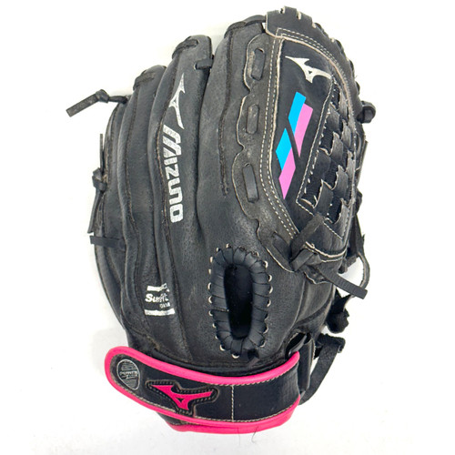 Vist Large View of Product Image Which is Used Mizuno FINCH GPP1105F2 RH Throw Fastpitch Gloves Black And Pink 11"