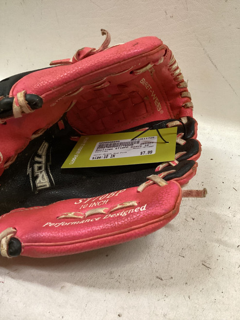 Vist Large View of Product Image Which is Used Rawlings ST10BP RH Throw Fastpitch Gloves Black And Pink 10"
