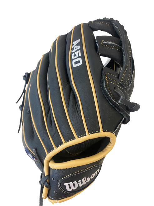 Vist Large View of Product Image Which is Used Wilson A450 BB/SB Glove RH Throw Black 12"
