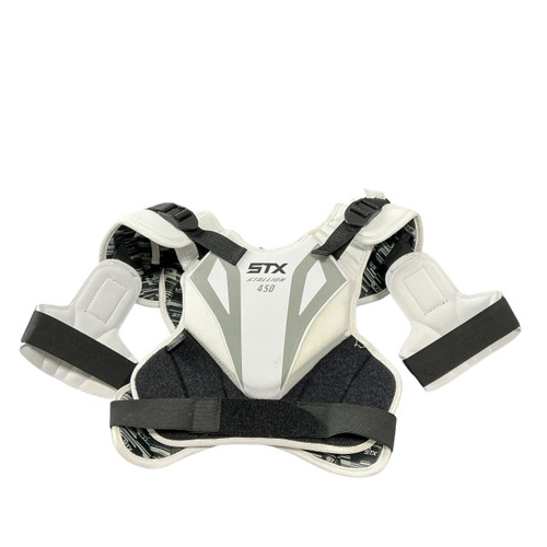 Vist Large View of Product Image Which is Used STX AD MD STX STALLION 450+ CHES Lacrosse Shoulder Pads White MD