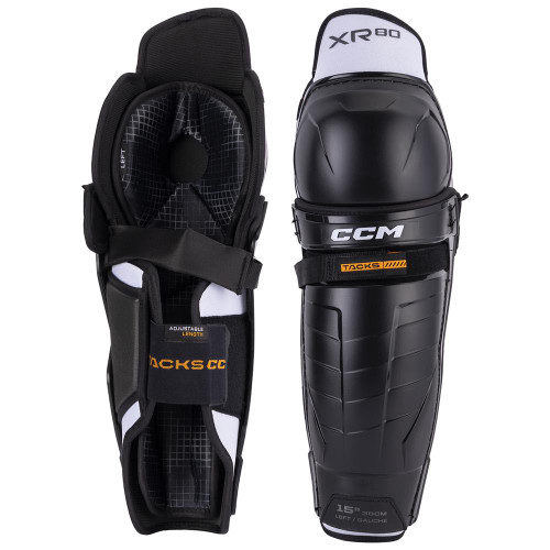 Vist Large View of Product Image Which is CCM Tacks XR80 Junior Hockey Shin Guards, Black/White/Orange