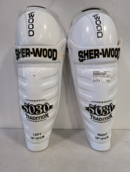 Vist Large View of Product Image Which is Used Sher-wood 5030 TRADITION Senior Shin Guards White 16"