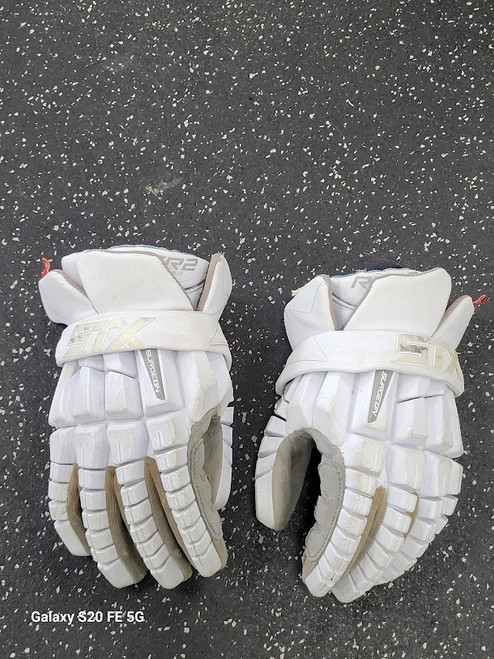 Vist Large View of Product Image Which is Used STX SURGEON RZR 2 Lacrosse Gloves Mens White 13"