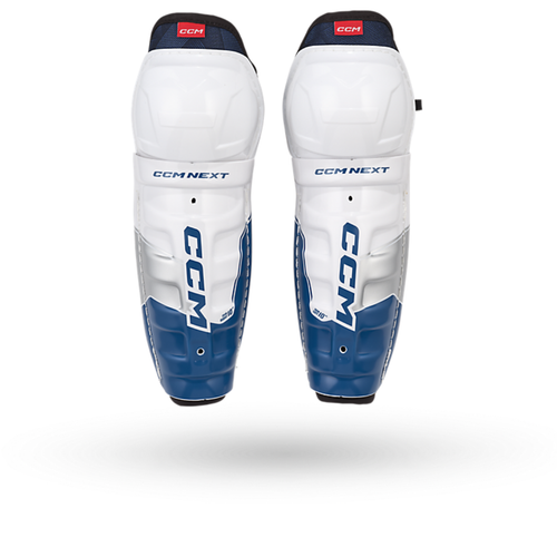 Vist Large View of Product Image Which is CCM Next Youth Hockey Shin Guards, White/Blue/Red