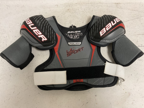 Vist Large View of Product Image Which is Used Bauer LIL SPORT Junior Shoulder Pads Black And Grey SM