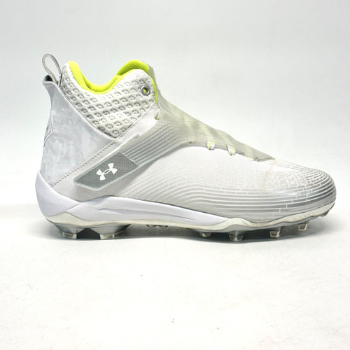 Vist Large View of Product Image Which is Used Under Armour HIGHLGHT HAMMER MC Adult FB Cleats Lime And White Senior 11