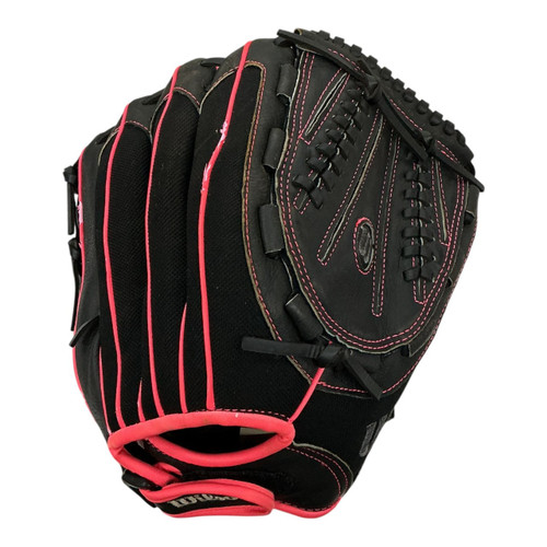 Vist Large View of Product Image Which is Used Wilson FLASH RH Throw Fastpitch Gloves Black 12"