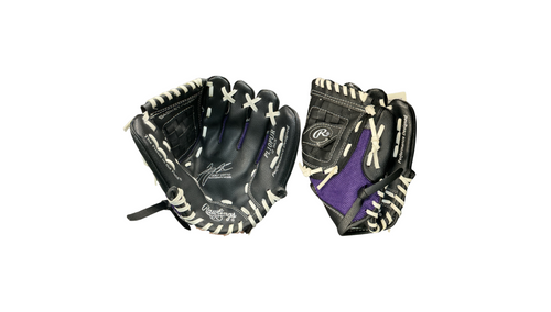 Vist Large View of Product Image Which is Used Rawlings JOEY VOTTO BB/SB Glove RH Throw Black And Purple 10"