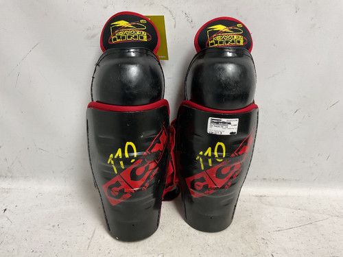 Vist Large View of Product Image Which is Used CCM POWERLINE 110 Senior Shin Guards Black And Red 13 1/2"