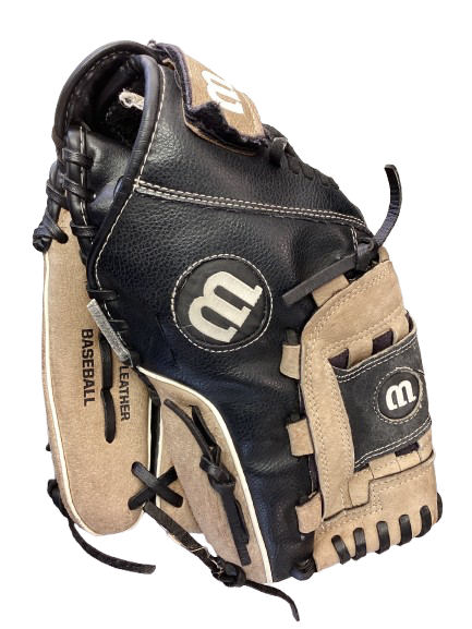 Vist Large View of Product Image Which is Used Wilson A350 BB/SB Glove RH Throw Black And Tan 12"