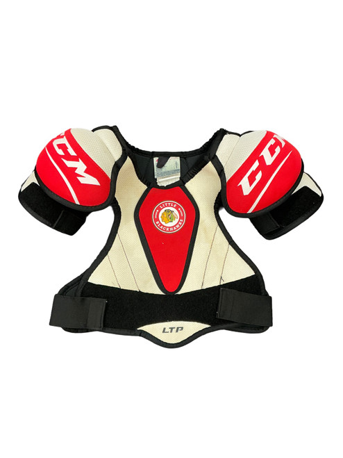 Vist Large View of Product Image Which is Used CCM LTP LITTLE BLACKHAWKS Junior Shoulder Pads White/Black/Red MD