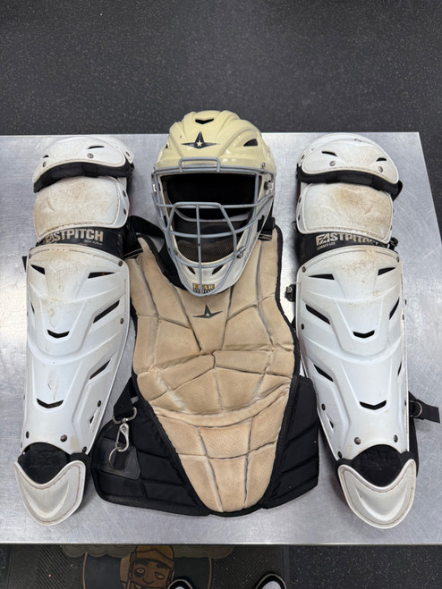 Vist Large View of Product Image Which is Used All-Star FASTPITCH AFX Catchers Helmet w/Mask White SM