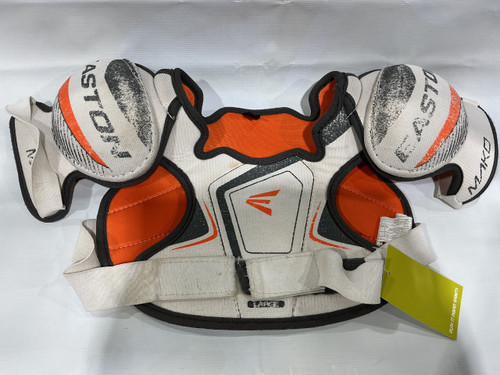 Vist Large View of Product Image Which is Used Easton MAKO Youth Shoulder Pads White And Orange LG