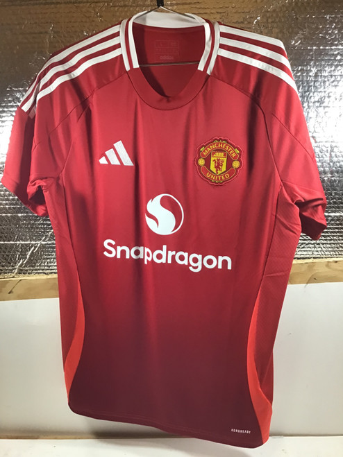 Vist Large View of Product Image Which is NEW Adidas MANCHESTER UNITED JERSEY Soccer Top Adt Red And White LG