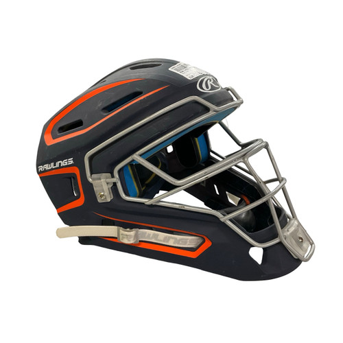 Vist Large View of Product Image Which is Used Rawlings MACH SR Catchers Helmet w/Mask Navy Blue Fits all