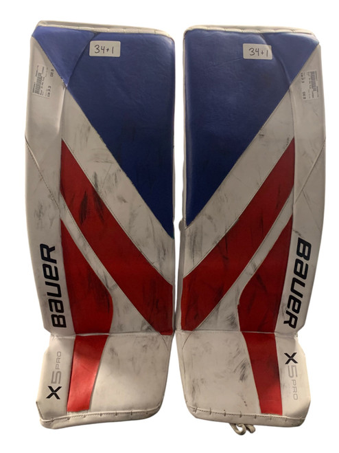 Vist Large View of Product Image Which is Used Bauer X5 PRO Goalie Leg Pads Senior White/Red/Blue 34+1”