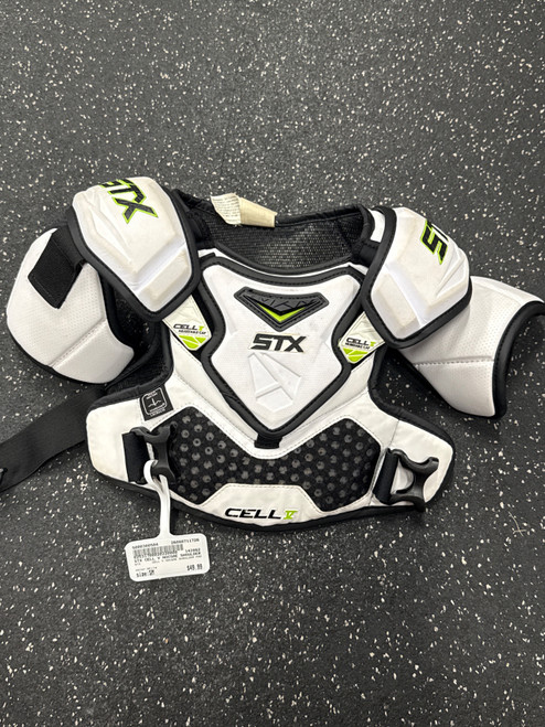 Vist Large View of Product Image Which is Used STX CELL V NOCSAE SHOULDER PAD Lacrosse Shoulder Pads White SM