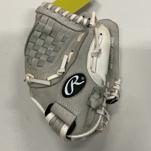 Vist Large View of Product Image Which is Used Rawlings Highlight Series HFP105GW RH Throw Fastpitch Gloves White And Silver 10 1/2"