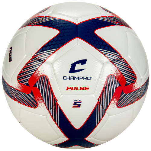 Vist Large View of Product Image Which is New Champro Pulse Soccer Ball Size 5- Royal. Fire Red. White