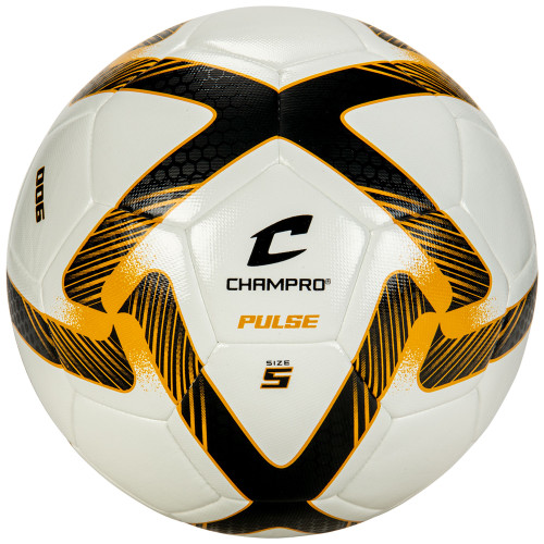 Vist Large View of Product Image Which is New Champro Pulse Soccer Ball Size 5- Black. Optic Yellow. White