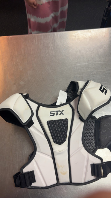 Vist Large View of Product Image Which is Used STX CELL IV Lacrosse Shoulder Pads White SM