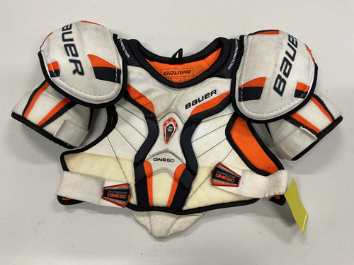 Vist Large View of Product Image Which is Used Bauer SUPREME ONE60 Senior Shoulder Pads White And Orange SM