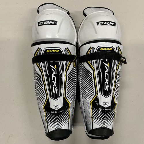 Vist Large View of Product Image Which is Used CCM TACKS 5092 Junior Shin Guards White/Black/Yellow 12"
