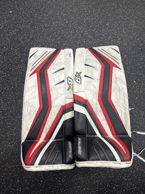 Vist Large View of Product Image Which is Used Brians GNETIK X5 Goalie Leg Pads Junior White/Black/Red 27"