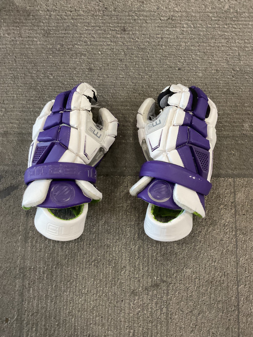 Vist Large View of Product Image Which is Used Maverik M5 RIVERSIDE Lacrosse Gloves Mens White And Purple 13"