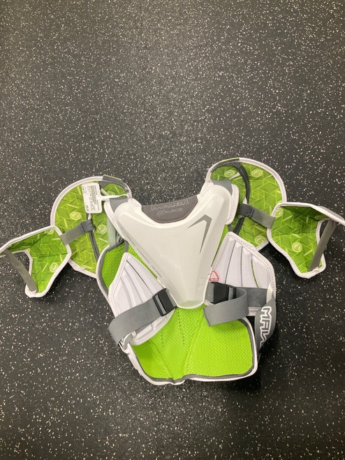 Vist Large View of Product Image Which is Used Maverik MAX EKG NOCSAE Lacrosse Shoulder Pads White LG