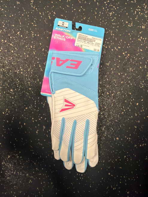 Vist Large View of Product Image Which is Used Easton NWT WALK-OFF ETHOS POOL PARTY YOUTH BB/SB Batting Gloves Carolina Blue MD