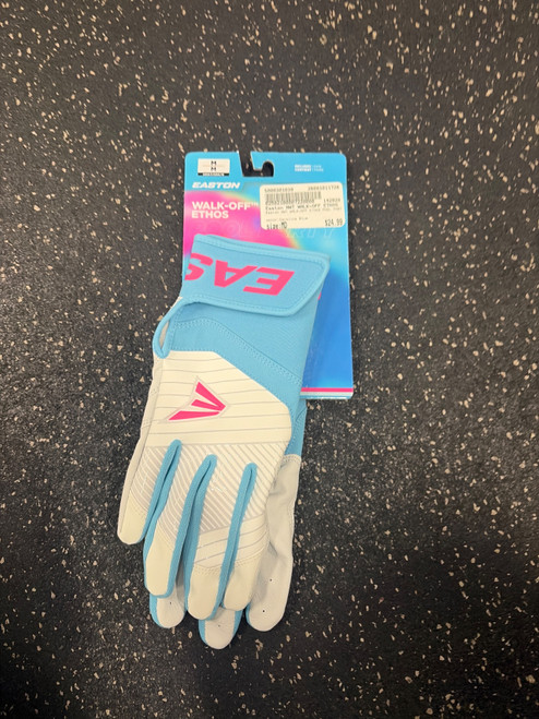 Vist Large View of Product Image Which is Used Easton NWT WALK-OFF ETHOS POOL PARTY YOUTH BB/SB Batting Gloves Carolina Blue MD