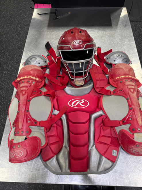 Vist Large View of Product Image Which is Used Rawlings RED Catchers Helmet w/Mask Red M/L