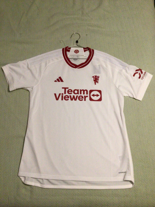 Vist Large View of Product Image Which is NEW Adidas MAN UNITED JERSEY Soccer Top Adt White And Red LG