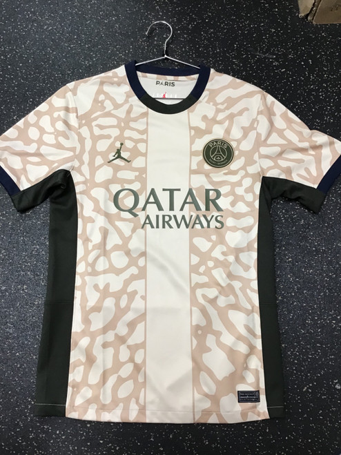 Vist Large View of Product Image Which is NEW Nike JORDAN PSG JERSEY Soccer Top Adt Tan SM