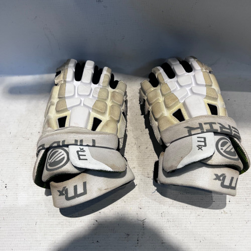 Vist Large View of Product Image Which is Used Maverik MX Lacrosse Gloves Mens White LG
