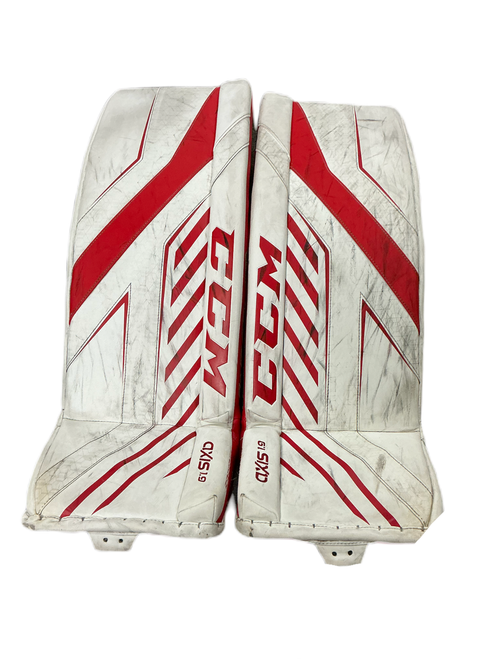 Vist Large View of Product Image Which is Used CCM AXIS 1.9 Goalie Leg Pads Senior Red And White 33"