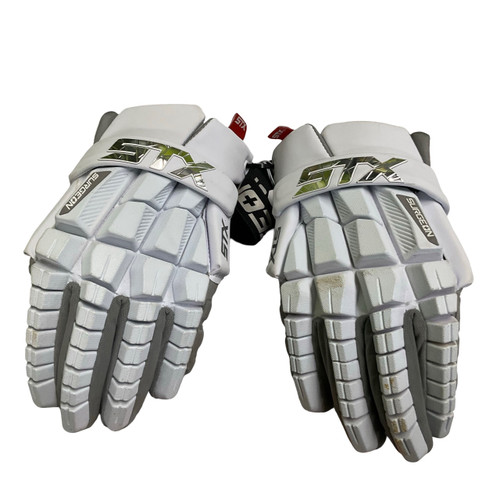 Vist Large View of Product Image Which is Used STX SURGEON RZR 2 GOALIE Lacrosse Gloves Mens White LG