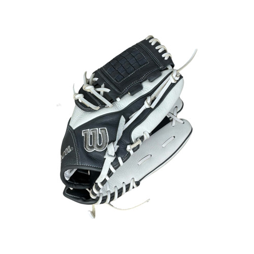 Vist Large View of Product Image Which is Used Wilson A1000 FP12 NEVER USED RH Throw Fastpitch Gloves Grey 12"
