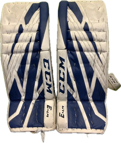 Vist Large View of Product Image Which is Used CCM E 4.9 Goalie Leg Pads Inter White And Royal Blue 32"