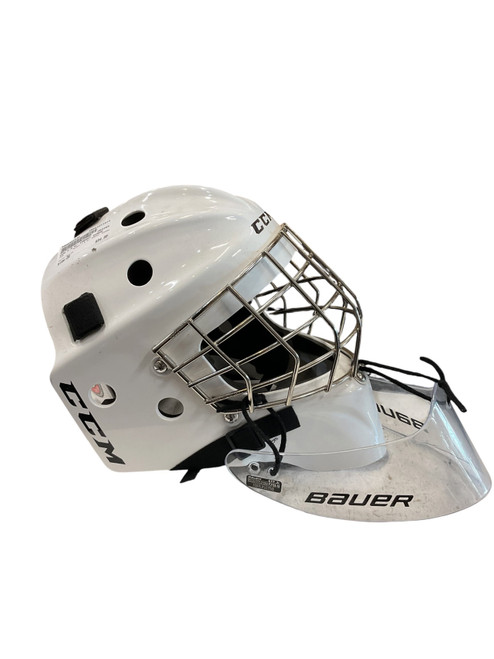 Vist Large View of Product Image Which is Used CCM 1.5 W/ THROAT GUARD Junior Goalie Helmet/Mask White One Size